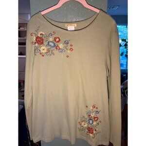 Sweet Magnolia Green Top Size Med Embroidered Floral Design 100 Cotton VTG India